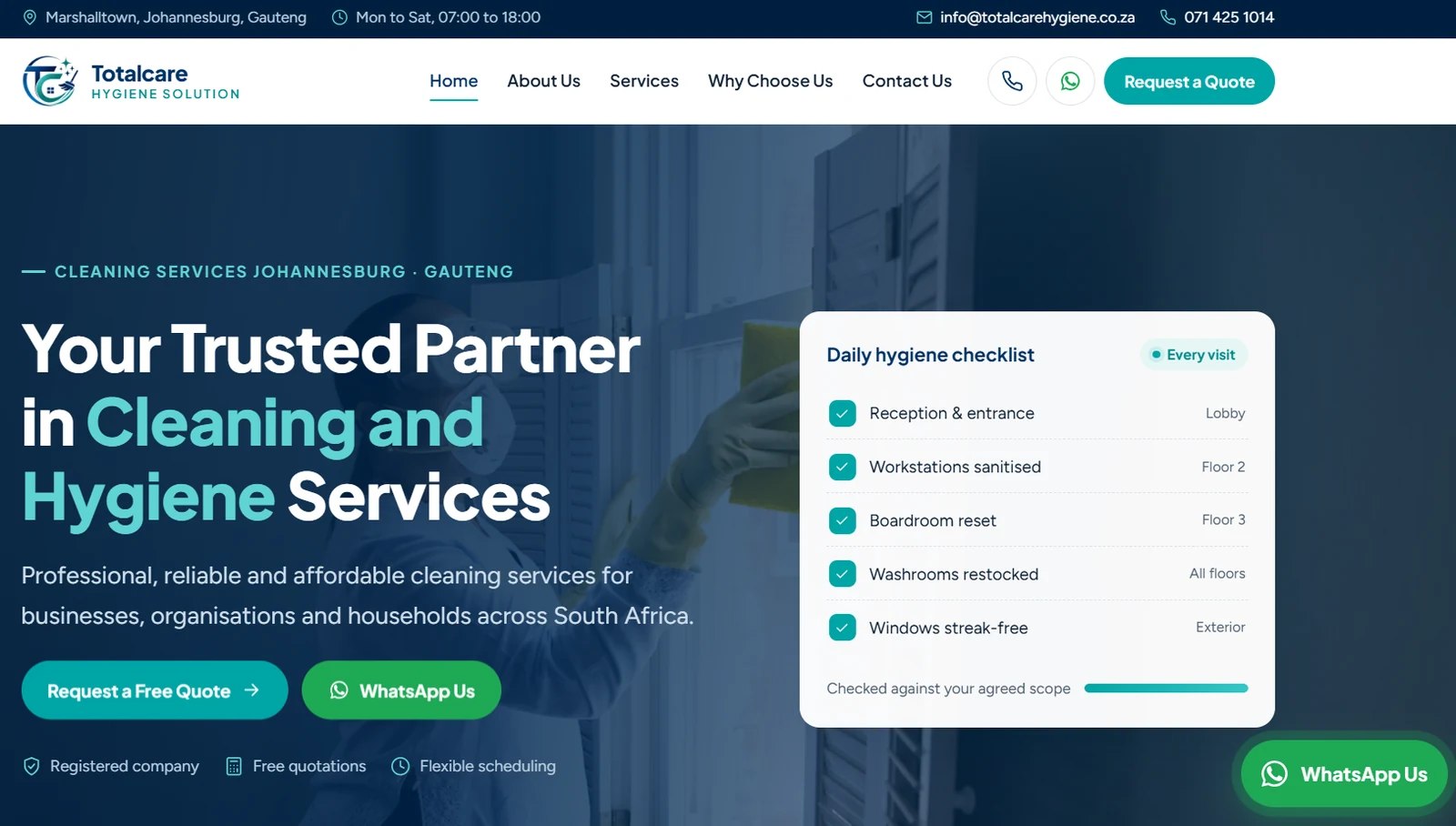 Screenshot of the Total Care Hygiene website homepage
